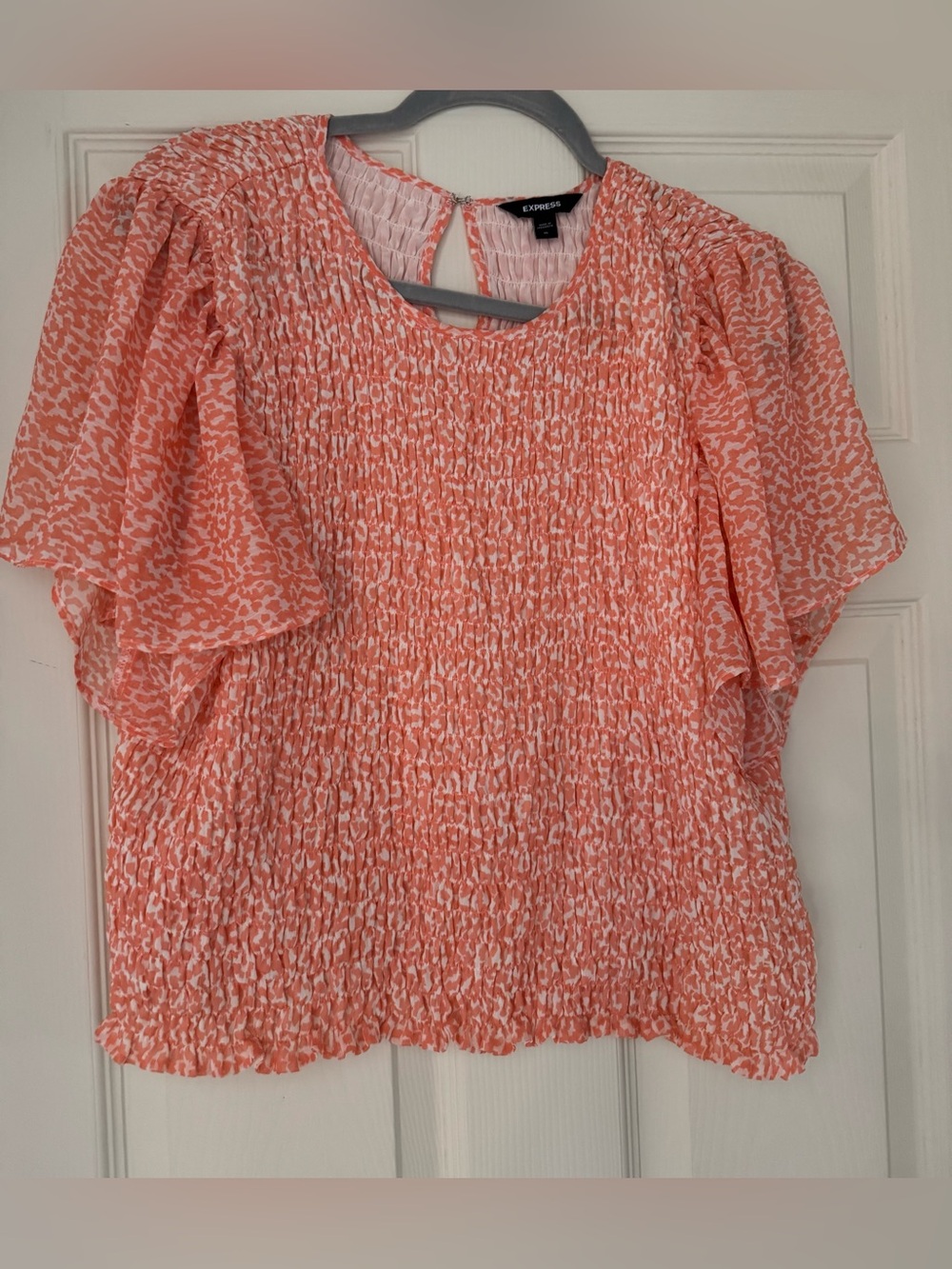 Express Coral and Cream Smocked Flutter-Sleeve Top /Size XL